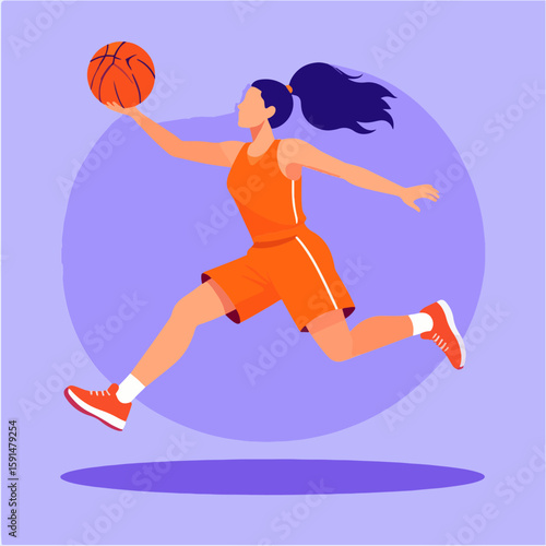A stylized vector illustration of a female basketball player mid-air, holding a basketball, against a simple lavender backdrop, showcasing athleticism and sportsmanship.