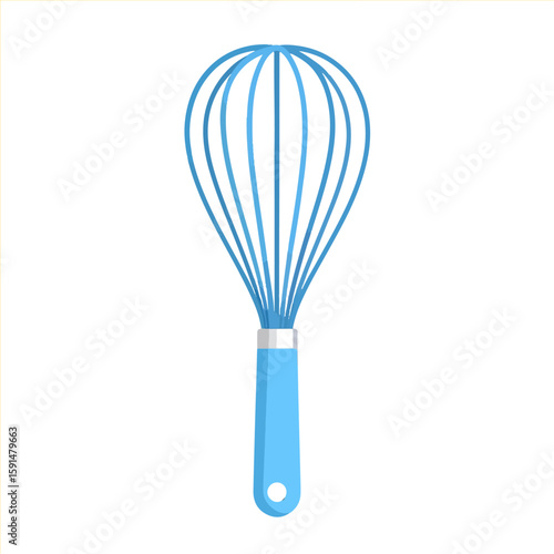 Isolated blue wire whisk for cooking, baking, and mixing ingredients, presented in a flat, vector style on a clean white background.