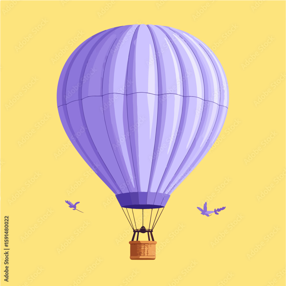 Obraz premium A vector illustration featuring a lavender hot air balloon against a sunny yellow background, complemented by two flying birds, capturing a sense of freedom and adventure.
