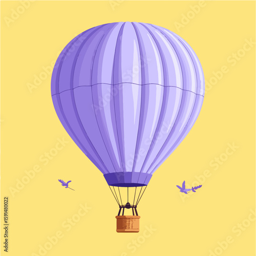 A vector illustration featuring a lavender hot air balloon against a sunny yellow background, complemented by two flying birds, capturing a sense of freedom and adventure.