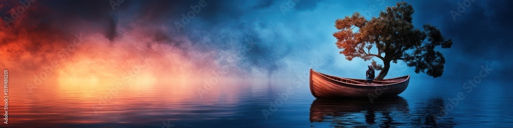 Fototapeta premium A lone figure sits contemplatively in a boat beneath a tree on calm waters, bathed in a magical light perfect for a website header and reminiscent of leeyongjay.