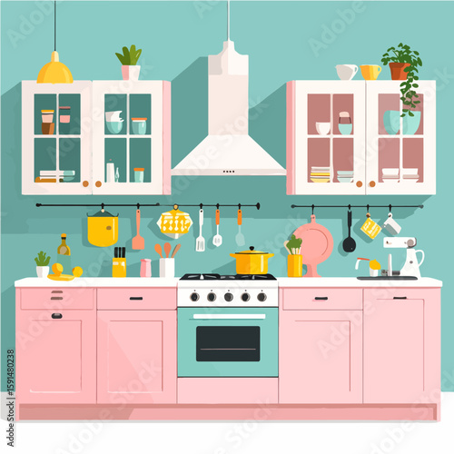 Charming and colorful kitchen illustration showcasing a retro-inspired design with pink cabinets, teal accents, and a variety of cooking utensils and decorative items.