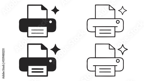Four printer icons with paper and sparkle effect in black and white color variations displayed neatly