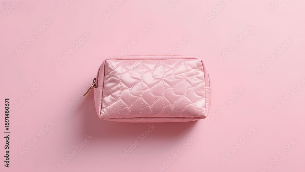 Pink Quilted Cosmetic Bag on Solid Background Pink Quilted Cosmetic Bag on Solid Background