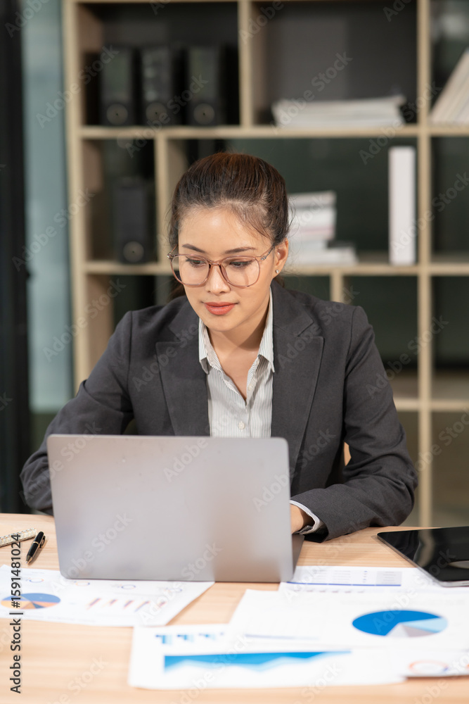 Fototapeta premium Asian businesswoman working on laptop at office