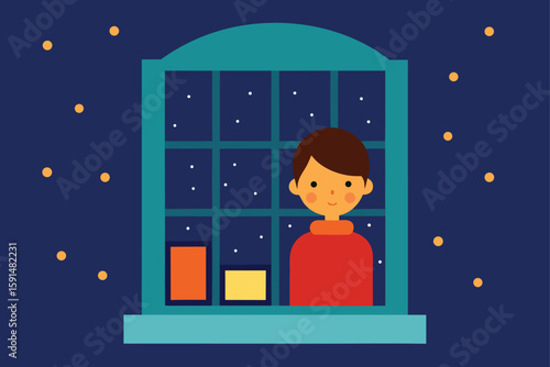 a child waiting at the window watching snow fall