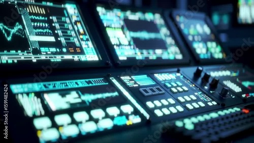 Wallpaper Mural Futuristic control panel with glowing screens and buttons displays data. Torontodigital.ca