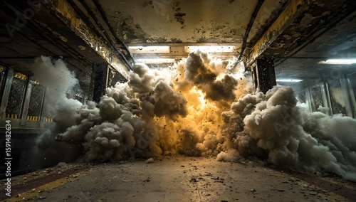 Massive explosion in abandoned subway station with smoke and fire

