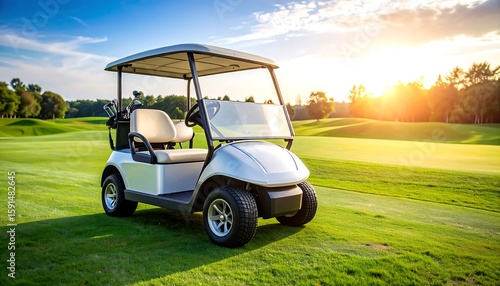 Golf cart on a golf course at sunrise