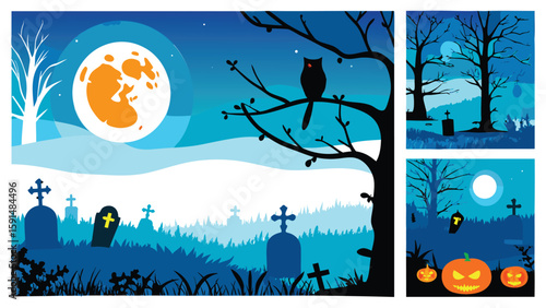 Halloween night scene with owl on tree, tombstones, moon, and pumpkins in a spooky landscape