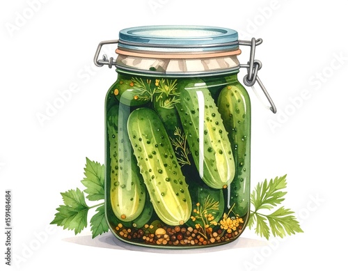 Watercolor illustration of a jar of pickled cucumbers