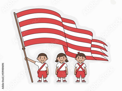 Cartoon children holding a waving flag, representing a patriotic or historical event.