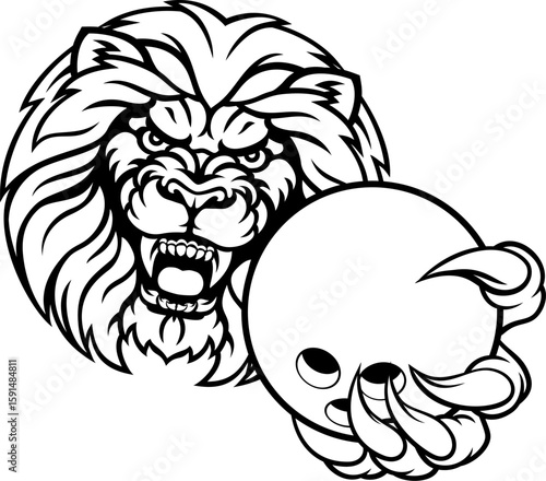 A lion angry animal sports mascot holding a ten pin bowling ball