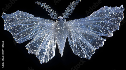 A translucent, glittering moth with delicate, fern-like antennae,  wings of shimmering,  crystalline texture