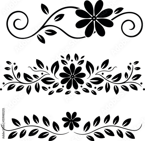 Elegant Vintage Flower and Leaf Dividers. Classic Floral Design Elements. Decorative Page Dividers with Flowers. Flourish and Scrollwork Black Art. Simple and Stylish Floral Ornaments