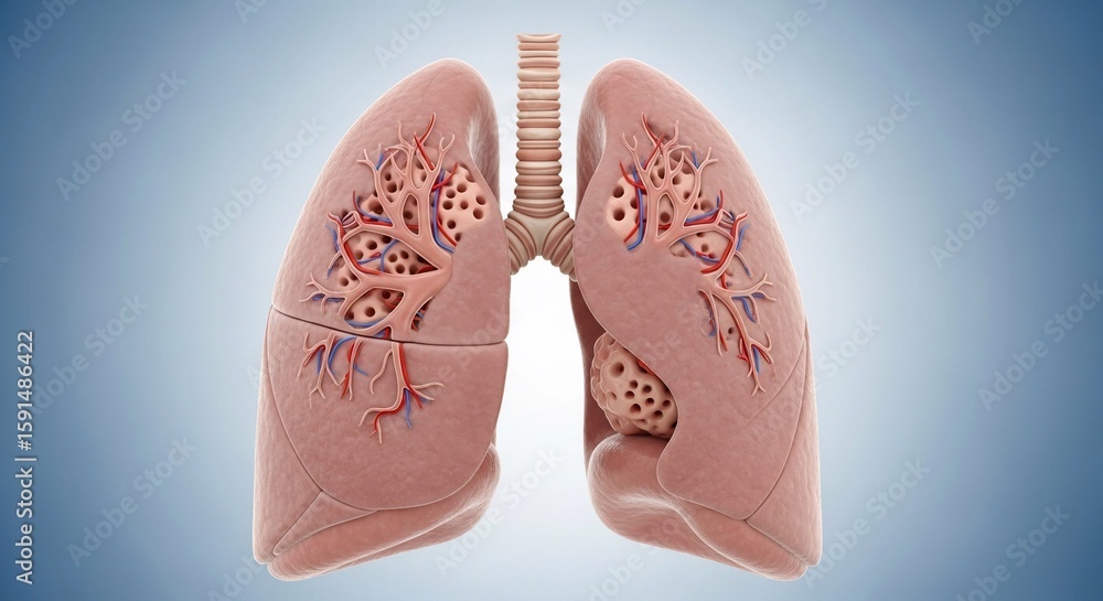 Detailed Medical Illustration of Human Lungs with Bronchi and Alveoli in Light Blue Background Detailed Medical Illustration of Human Lungs with Bronchi and Alveoli in Light Blue Background