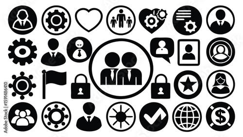 Collection of various black and white icons including people gears and other miscellaneous symbols