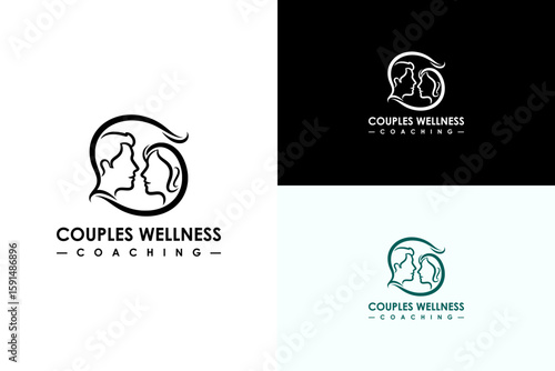 illustration of side profiles of a couple facing each other, vector logo for healthy relationship, partners wellness, couples therapy, couple support, couples wellness coaching, and more