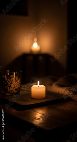 Warm Candlelight Glow: Serene Spa Ambiance, Wooden Tray, Cozy Relaxation