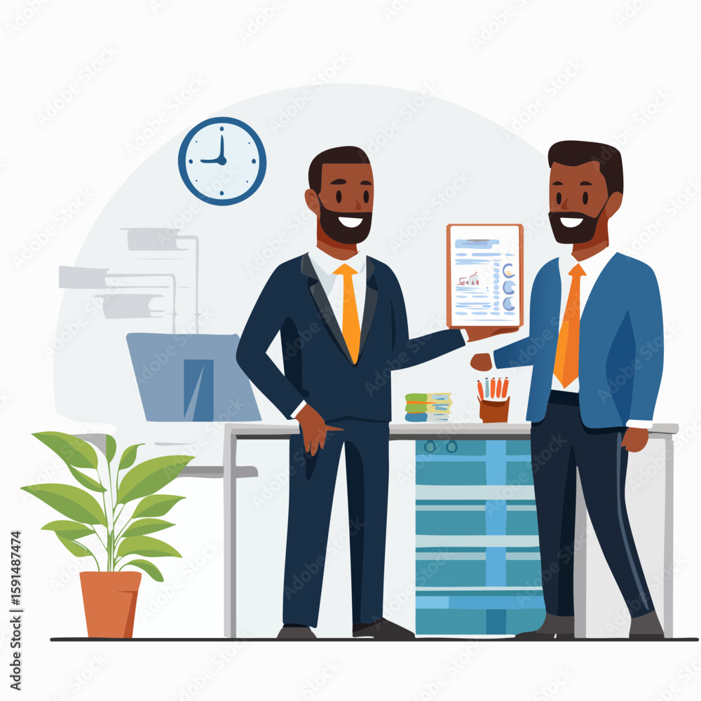 Fototapeta premium Businessman in formal suit presenting financial product brochure to client, friendly face