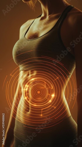 Woman's midsection with glowing circular graphics. Wellness illustration showing active digestion or supplement impact. Fitness, gut health, and biohacking theme.

