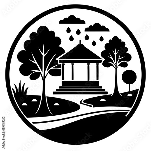 Park Scene Icon Vector | Generative AI Linocut Silhouette Design