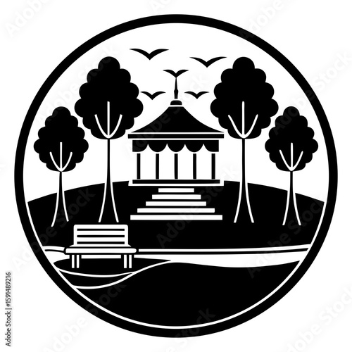 Park Scene Icon Vector | Generative AI Linocut Silhouette Design