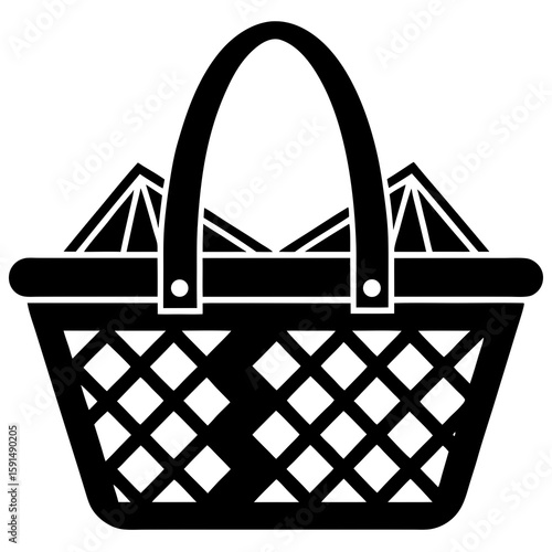 Picnic Basket Icon Vector – Generative AI Linocut Silhouette Design for Microstock