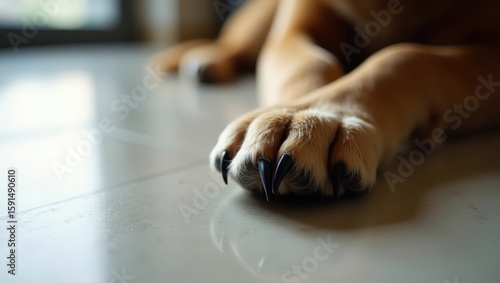 Close-up view of a dog's paw on a light gray floor.