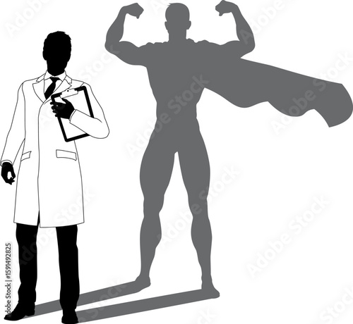 A superhero male scientist, engineer, doctor or teacher in a lab white coat man. Revealed by his shadow silhouette as a super hero in a cape.