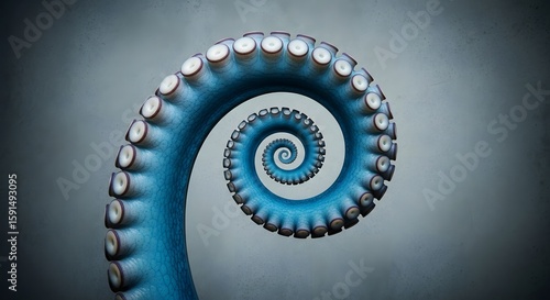 A closeup, abstract view of a blue octopus tentacle curling into a hypnotic spiral pattern with visible suckers against a dark, textured background