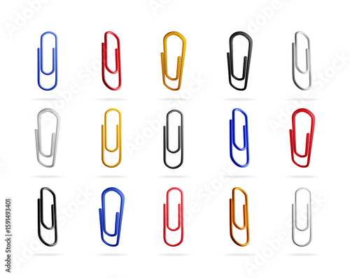 Set of colorful paper clips. Different office supply for organization and binding paper. Stationary collection design element for business concept.