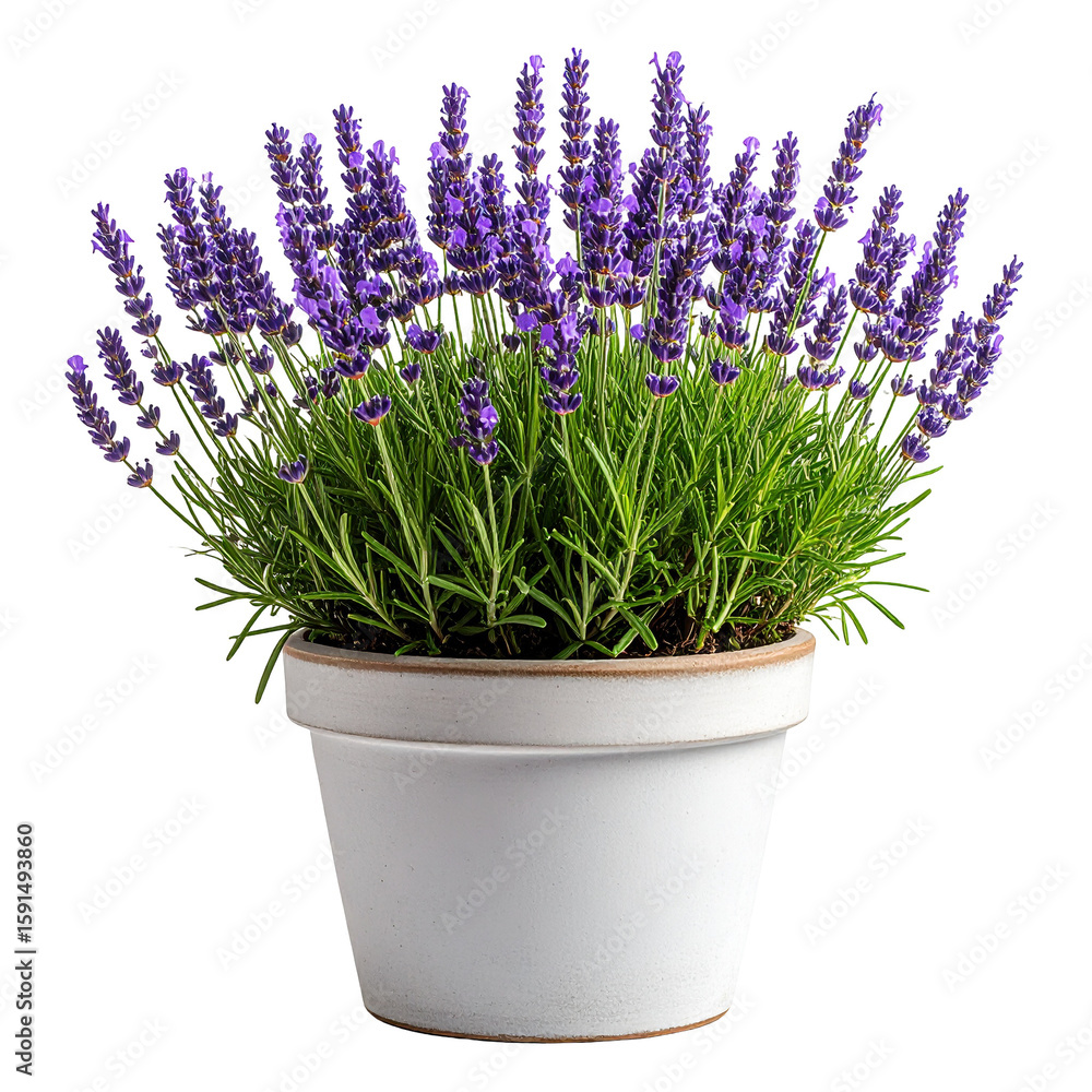 Fototapeta premium Lush blooming purple lavender plant with vibrant green foliage in a simple rustic white ceramic pot.