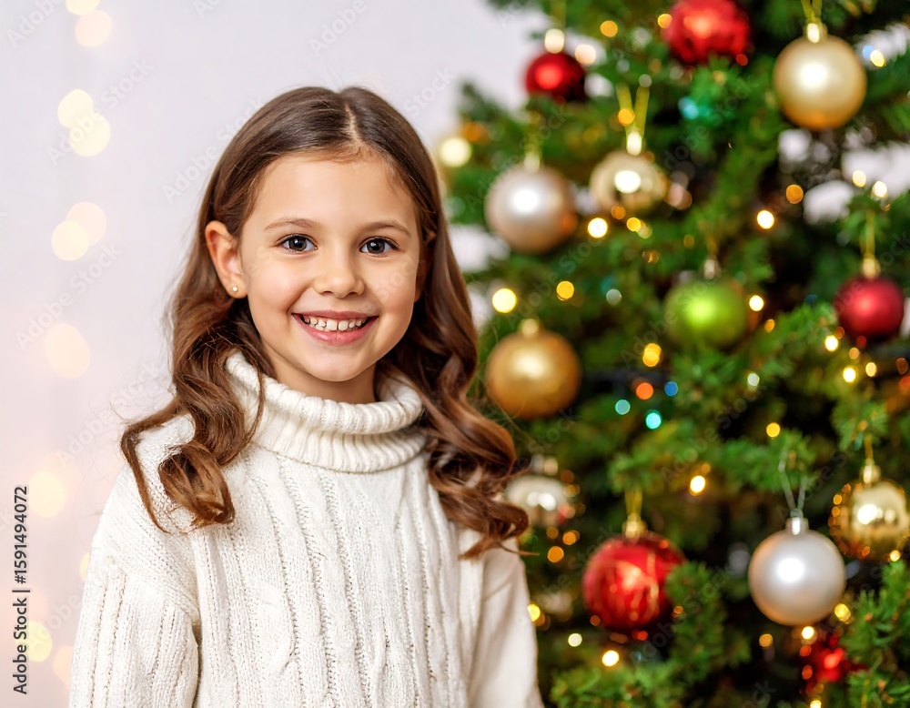 Smiling girl, Christmas tree Smiling girl, Christmas tree