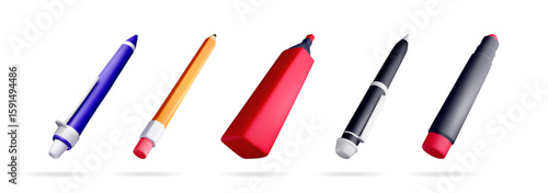 Set of 3d pens, pencil and markers. School supply and office stationery for education, work, drawing, and writing in 3d vector style.