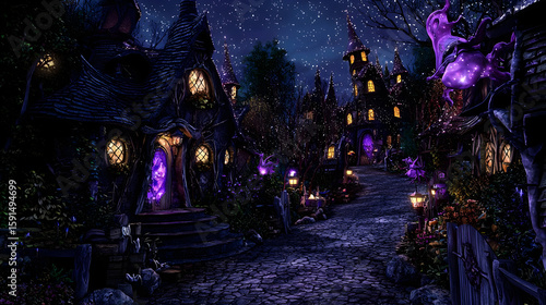 Dark, mystical village street at night, with purple glowing portal and detailed houses.  Houses are quaint, with dark, rich colors.  Starry night sky