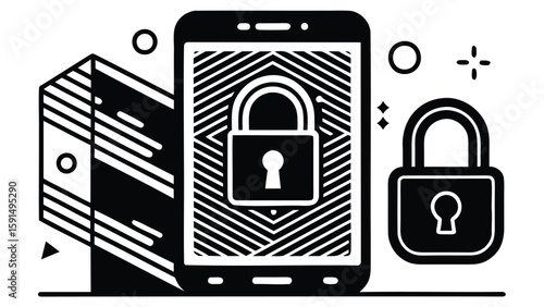 Illustration of a smartphone with a padlock on the screen next to a server and another padlock
