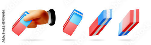 A man hand holding an eraser and four 3d illustration erasers isolated, concept correct mistakes and delete errors from document.
