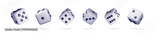Set of six 3d render white dice with black dots in various flying positions. Object for casino and game design.