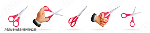 Hand holding red scissors and individual scissors icons. 3d cartoon vector illustration set for cutting work and craft projects.