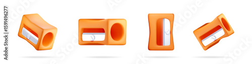 Orange pencil sharpener set in various angles and views 3d illustration. Stationery item for education concept.