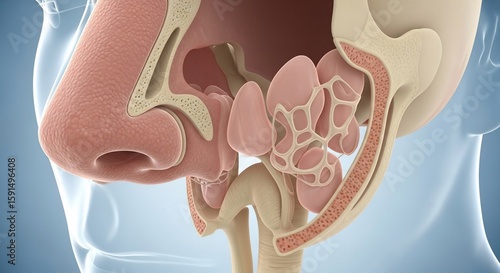 Detailed Illustration of Human Nasal Cavity and Sinuses Showing Anatomy and Structures