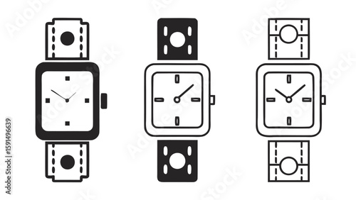 Three watches with square faces and different strap styles displayed in a row on white background