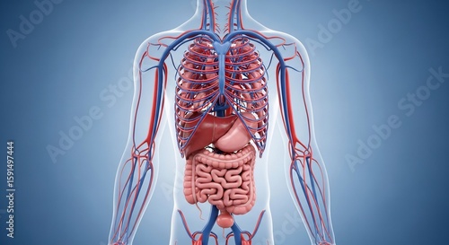 Human Anatomy Illustration of Digestive and Circulatory System in Front View