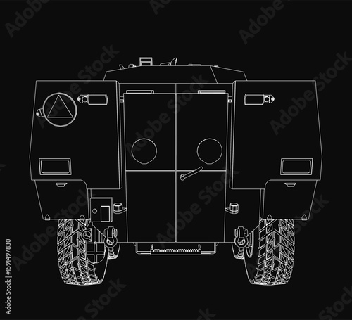 An armored troop carrier blueprint in black and white, featuring detailed contour lines and mechanical design elements. The technical drawing stands out against a dark background.