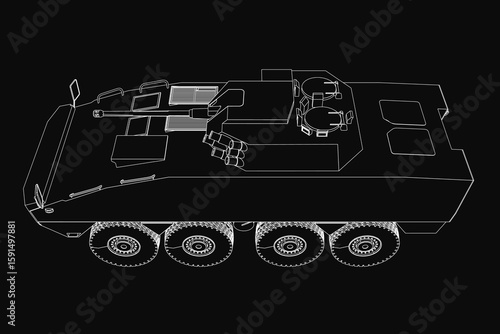 Armored troop carrier in detailed black and white contour drawing, showcasing tracks, turret, and rugged design on a dark background. The illustration highlights military precision and mechanical.
