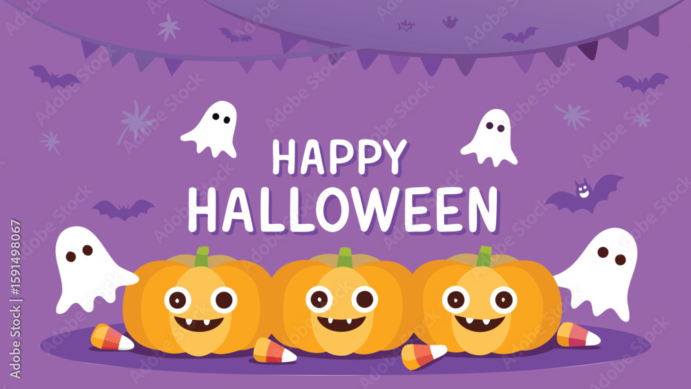 Naklejka premium Happy halloween scene with smiling pumpkins, floating ghosts, bats and candy corn on a purple background