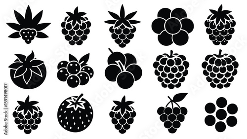 Collection of various black and white silhouette berry fruits including strawberries and raspberries icons