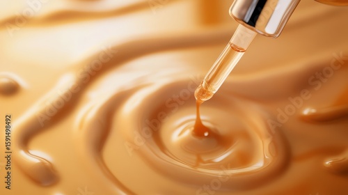 54.A high-end product mockup showing a tilted cosmetic bottle with its pipette releasing a stream of liquid foundation, pooling in elegant swirls. The backdrop is softly lit to accentuate the