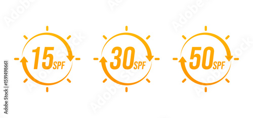 SPF Sun Protection Icons – Vector Set of SPF 15, 30, and 50 for Skincare Labels